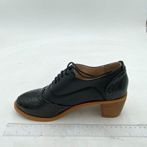 FOWT Women's Perforated Lace-Up Oxfords Almond Toe Mid Chunky Heel Brogues - Picture 1 of 7